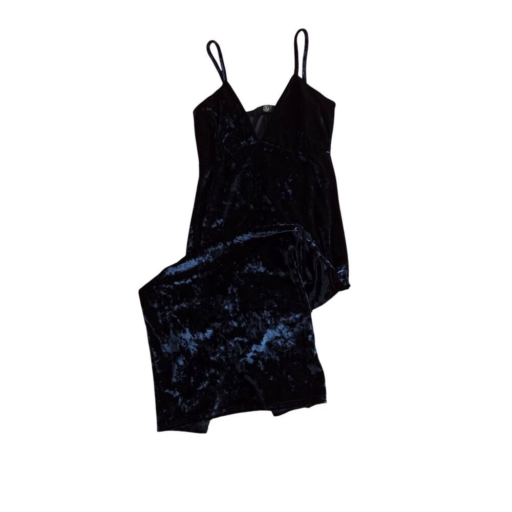 Whimsygoth Dark Navy Crushed Velvet Maxi Slip Dress V-Neck Cami Party Formal 6